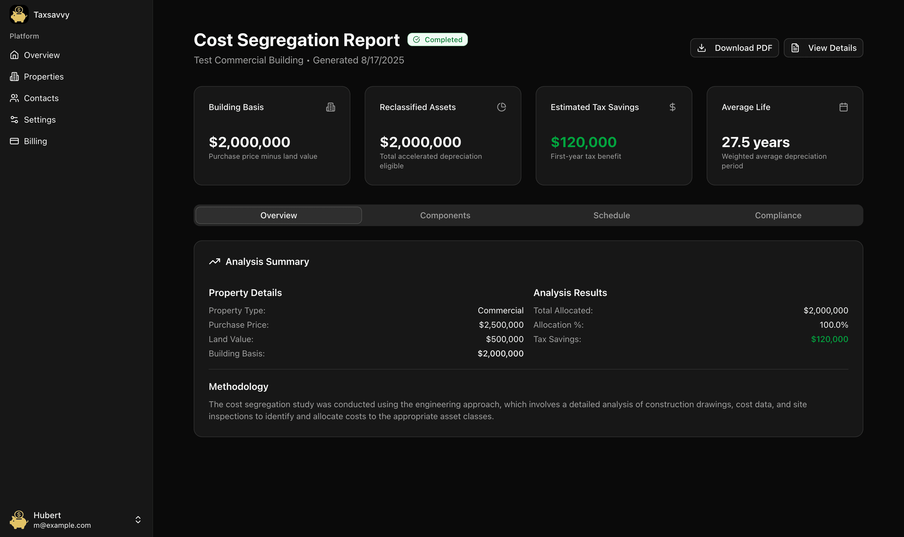 TaxSavvyAI dashboard interface showing cost segregation analysis results in dark mode